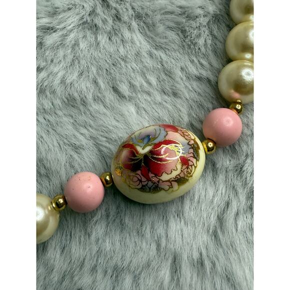 Vintage Japan Porcelain Floral Bead Faux Pearl Necklace 27" Hand Painted - Picture 5 of 7
